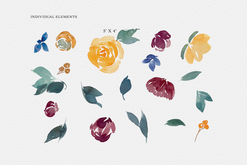 yellow-burgundy-navy-flowers-watercolor-clipart-set