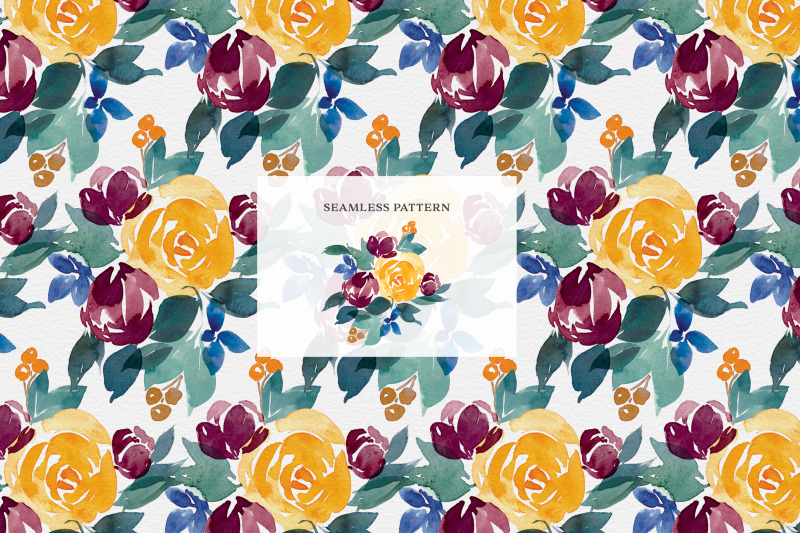 yellow-burgundy-navy-flowers-watercolor-clipart-set