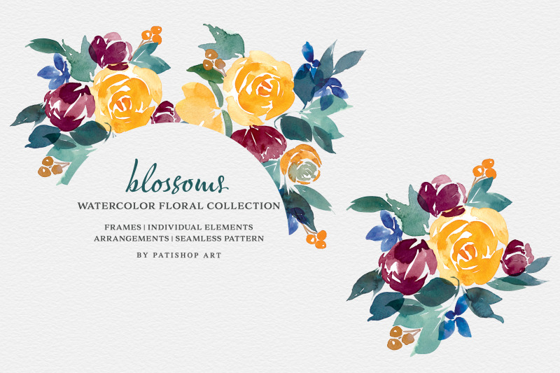 yellow-burgundy-navy-flowers-watercolor-clipart-set