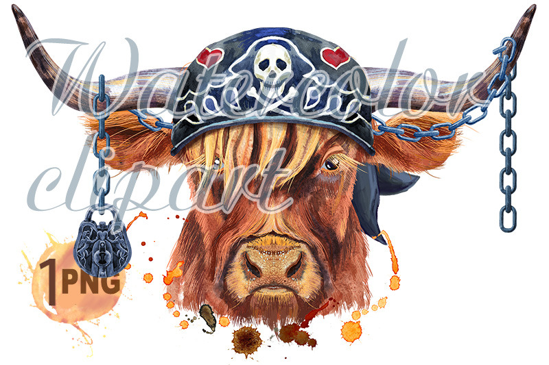 watercolor-illustration-of-a-brown-long-horned-bull-in-biker-bandana