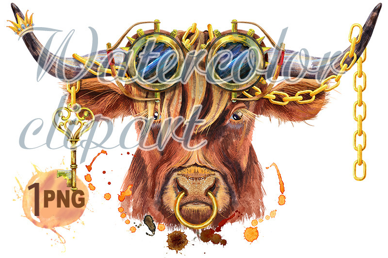 watercolor-illustration-of-a-brown-long-horned-bull-with-steampunk