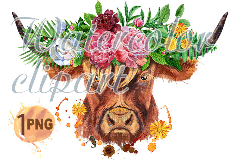 watercolor-illustration-of-a-brown-long-horned-bull-with-flowers