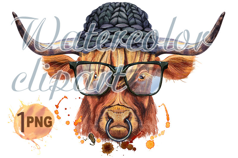 watercolor-illustration-of-a-brown-long-horned-bull-with-glasses