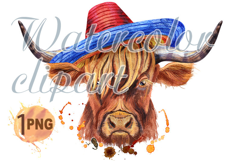 watercolor-illustration-of-a-brown-long-horned-bull-bull-in-sombrero