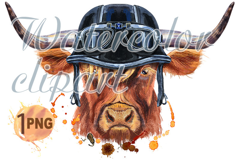 watercolor-illustration-of-a-brown-long-horned-bull-in-a-biker-helmet