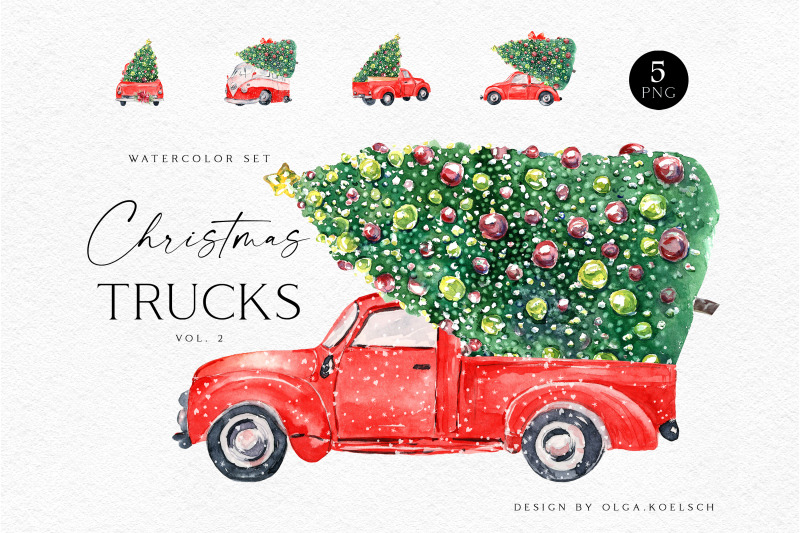 watercolor-red-christmas-truck-clipart-with-christmas-tree