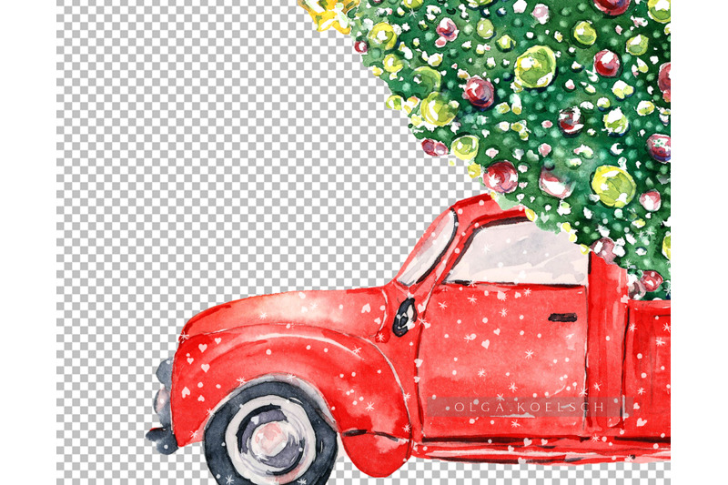 watercolor-red-christmas-truck-clipart-with-christmas-tree