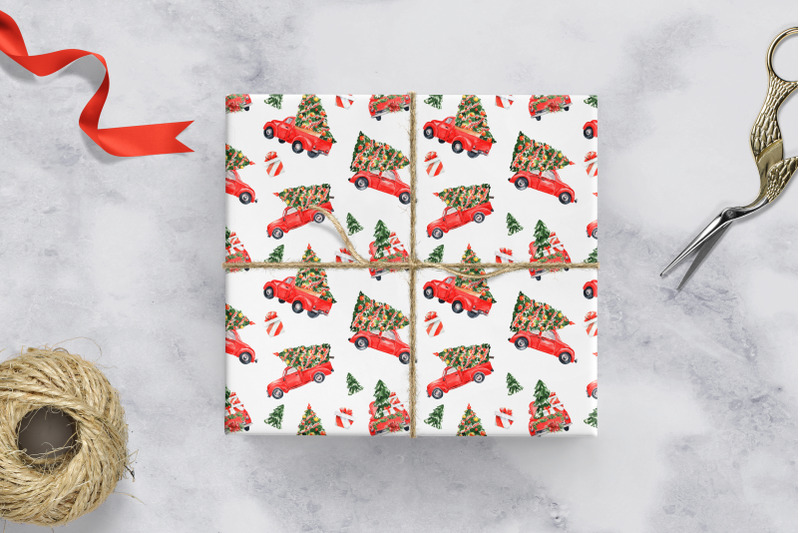 red-christmas-truck-digital-paper-pack-red-christmas-seamless-pattern