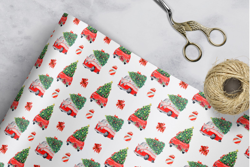 red-christmas-truck-digital-paper-pack-red-christmas-seamless-pattern