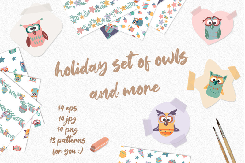 set-of-vector-holiday-owls-and-patterns