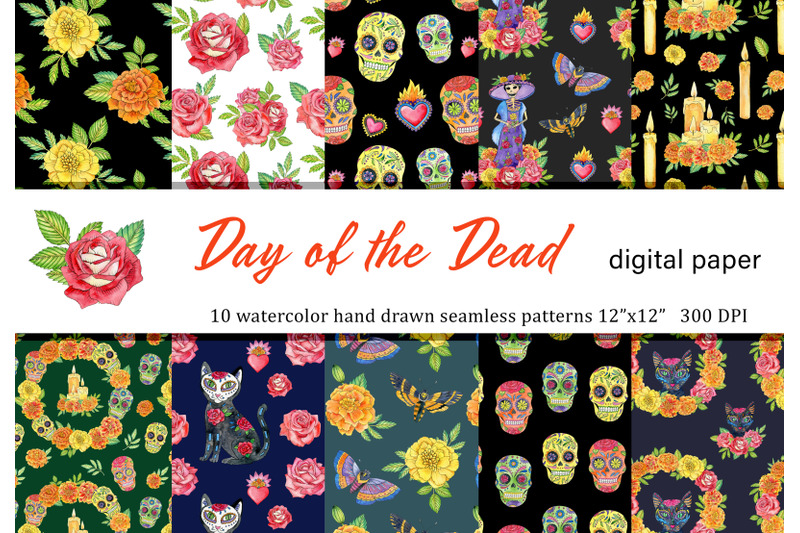 watercolor-day-of-the-dead-mexican-seamless-patterns-set