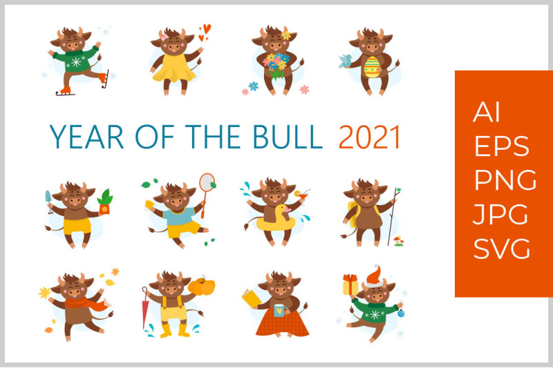year-of-bull-ox-or-cow-2021-illustration-vector-collection