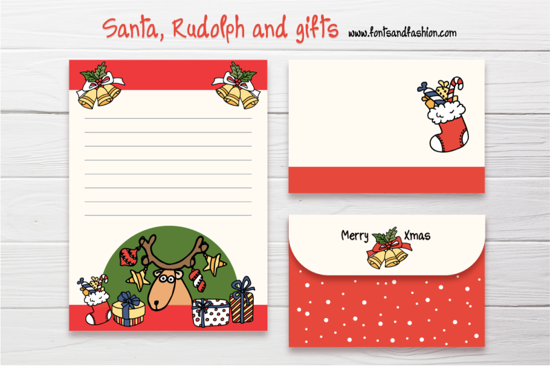 santa-claus-rudolph-and-gifts-doodle-letter-template
