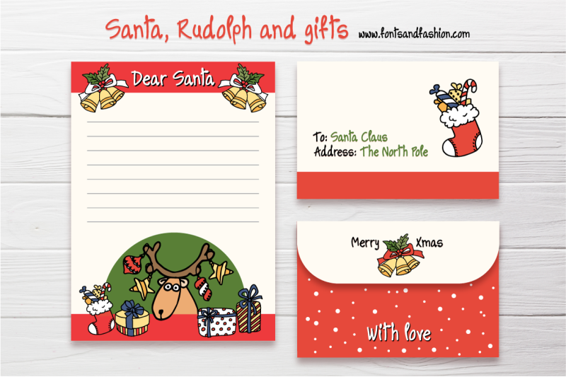 santa-claus-rudolph-and-gifts-doodle-letter-template