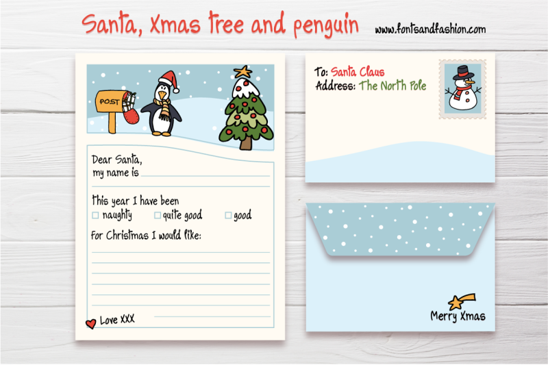 santa-claus-xmas-tree-and-penguin-doodle-letter-template