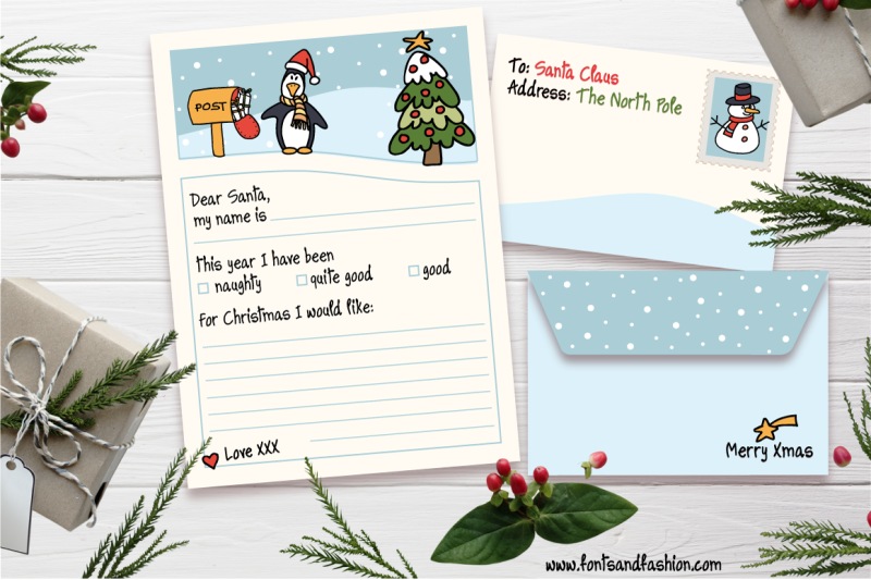 santa-claus-xmas-tree-and-penguin-doodle-letter-template