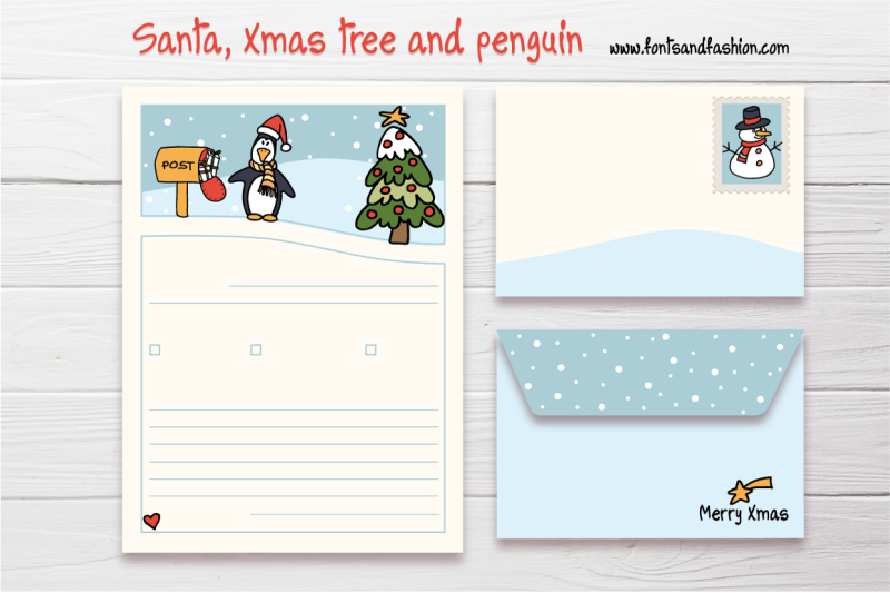 santa-claus-xmas-tree-and-penguin-doodle-letter-template