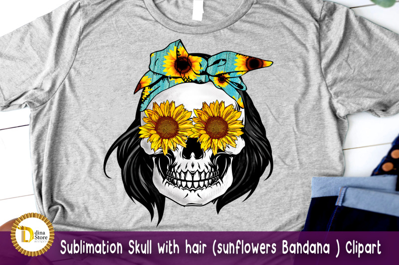 sublimation-skull-with-hair-sunflowers-bandana-clipart