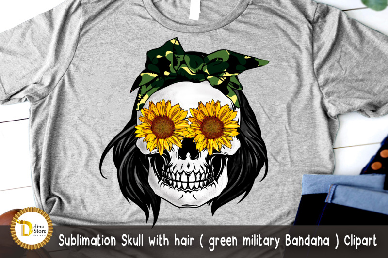 sublimation-skull-with-hair-green-military-bandana-clipart