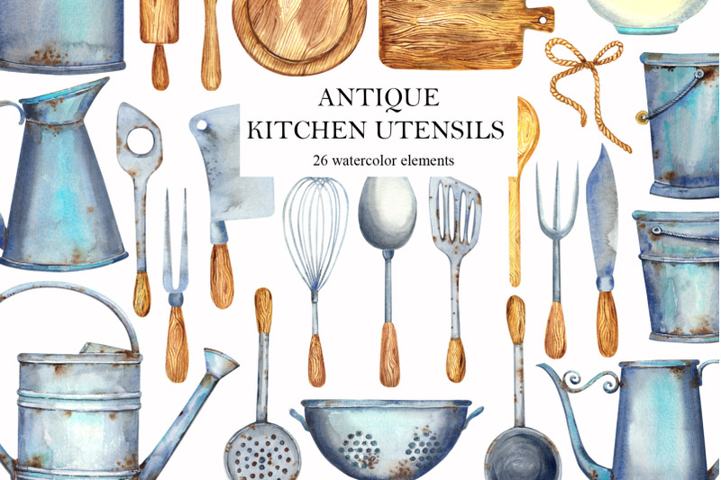 watercolor-antique-kitchen-utensils
