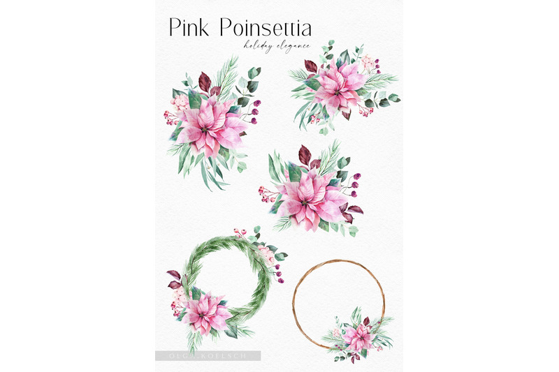 watercolor-pink-poinsettia-and-eucalyptus-clipart-pink-christmas-deco