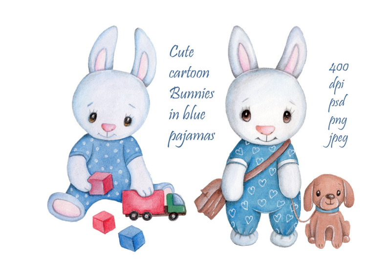 cute-cartoon-bunnies-in-blue-watercolor