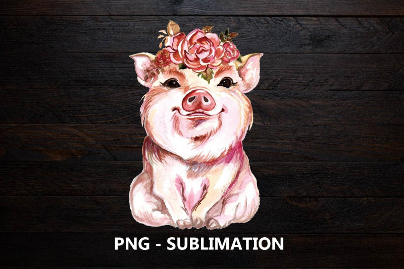 water-color-pig-with-floral-crown-sublimation-design-png