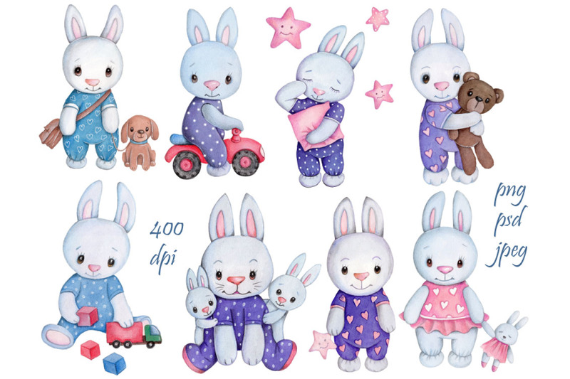 set-of-cute-cartoon-bunnies-watercolor-hand-drawn