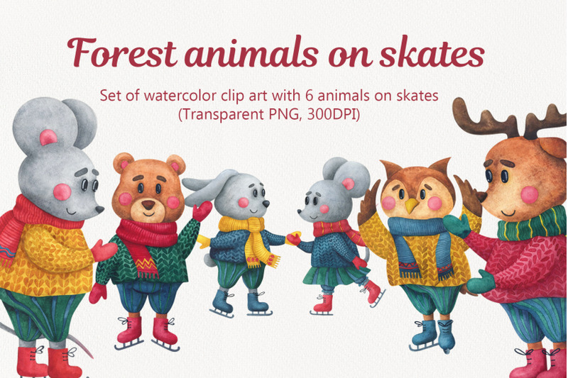 forest-animals-on-skates-christmas-watercolor-clip-art-with-character