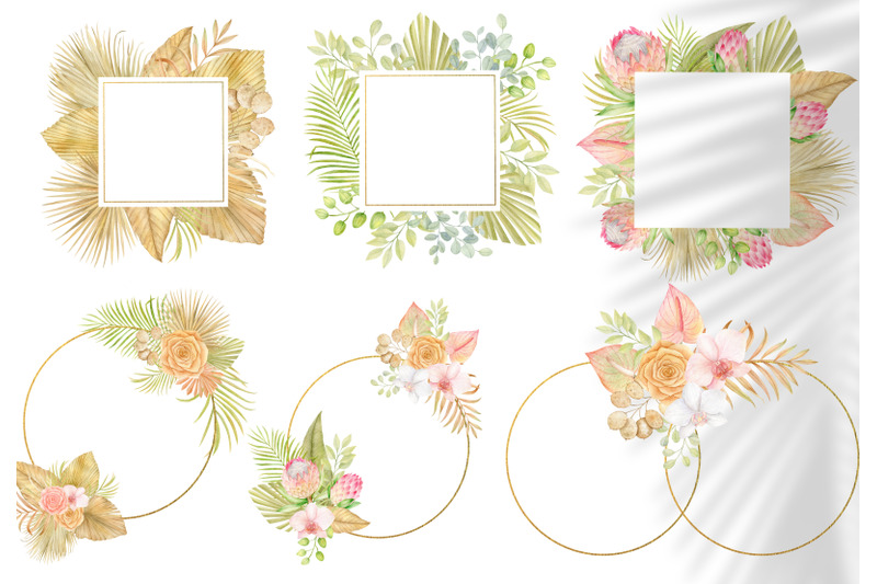 watercolor-boho-tropical-frames-clipart-floral-arrangements-png