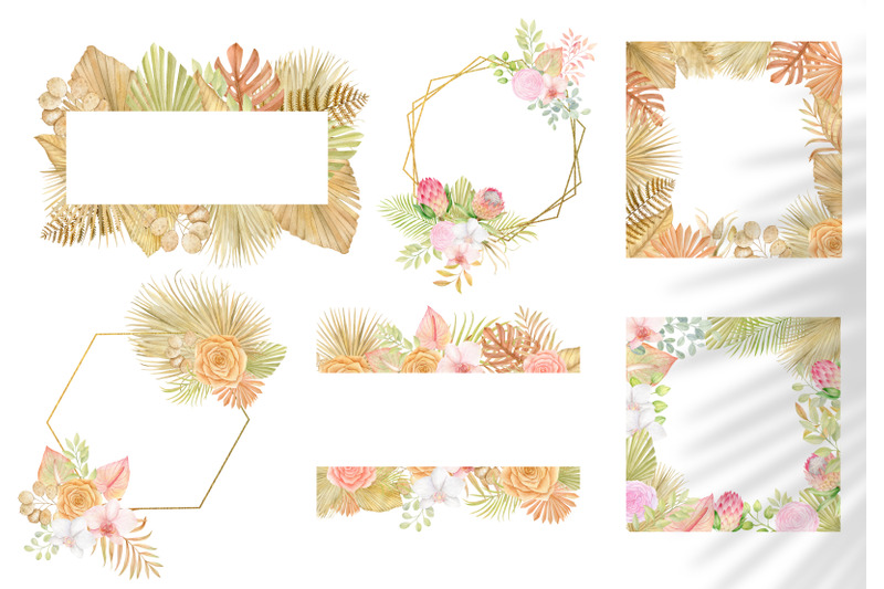 watercolor-boho-tropical-frames-clipart-floral-arrangements-png