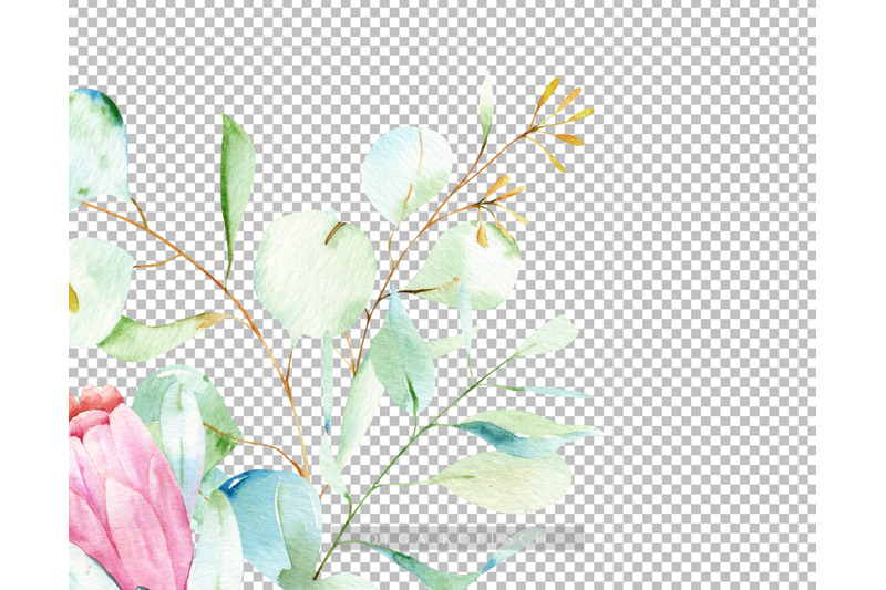 watercolor-pink-floral-protea-with-eucalyptus-clipart-tropical-weddin