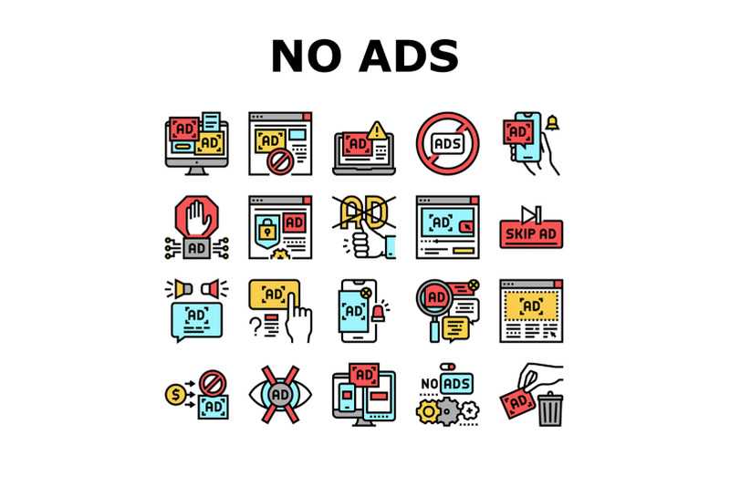 no-ads-advertise-free-collection-icons-set-vector