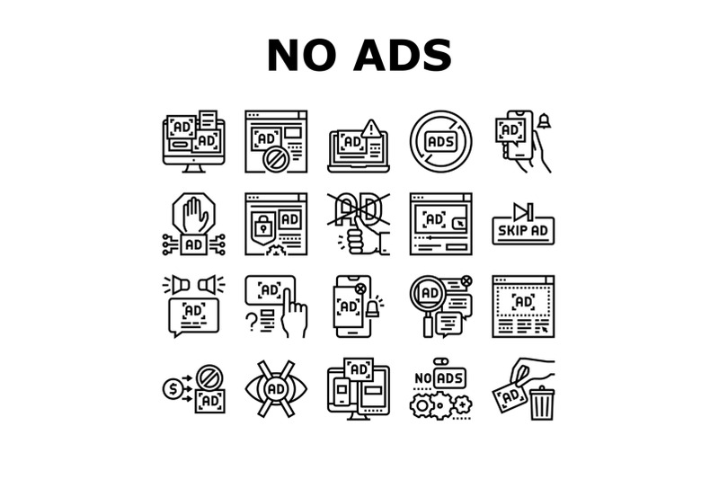 no-ads-advertise-free-collection-icons-set-vector