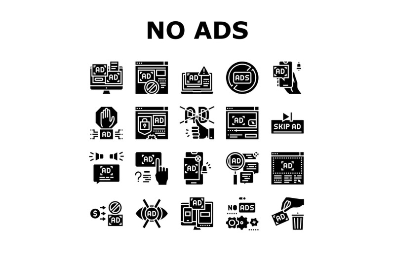 no-ads-advertise-free-collection-icons-set-vector