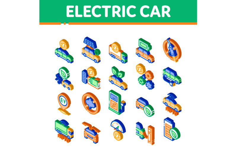 electric-car-transport-isometric-icons-set-vector