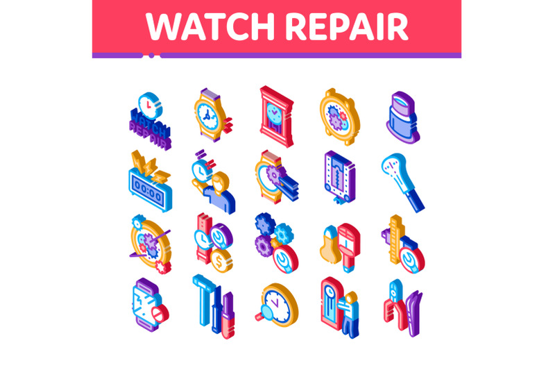 watch-repair-service-isometric-icons-set-vector