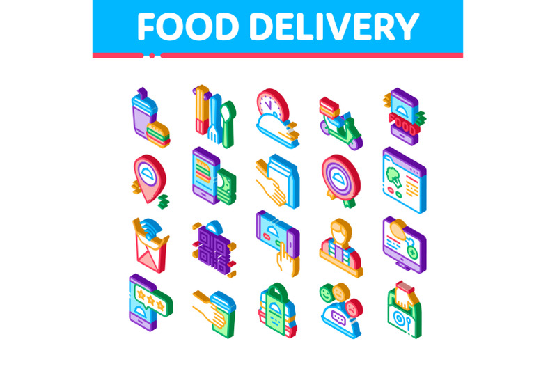 food-delivery-service-isometric-icons-set-vector