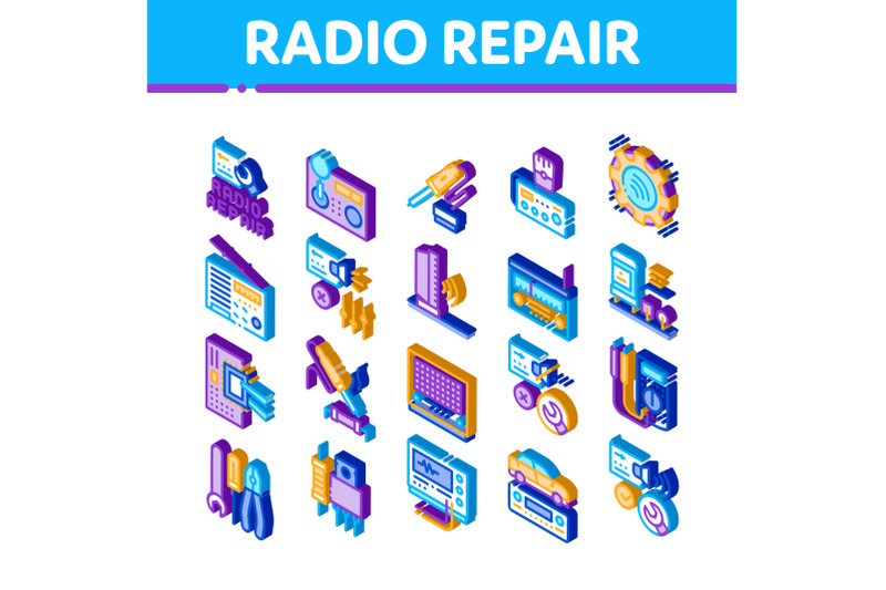 radio-repair-service-isometric-icons-set-vector