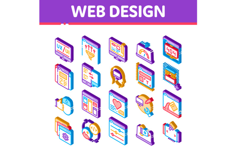 web-design-development-isometric-icons-set-vector