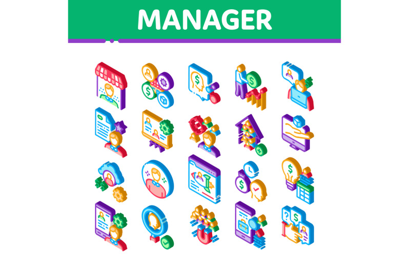 account-manager-work-isometric-icons-set-vector