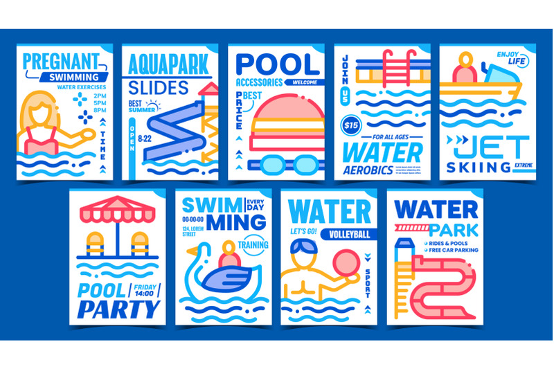 water-park-creative-promotional-posters-set-vector