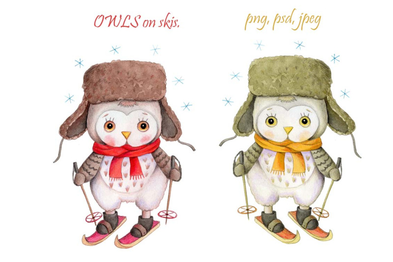 cute-owls-on-skis-watercolor-illustration