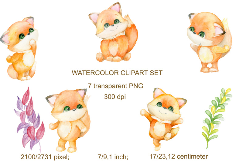 watercolor-clipart-cute-fox-forest-animals-autumn-leaves-fruits-d