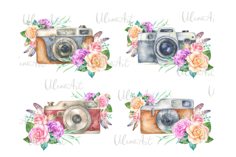 watercolor-vintage-boho-camera-with-roses-and-feathers-clipart-retro