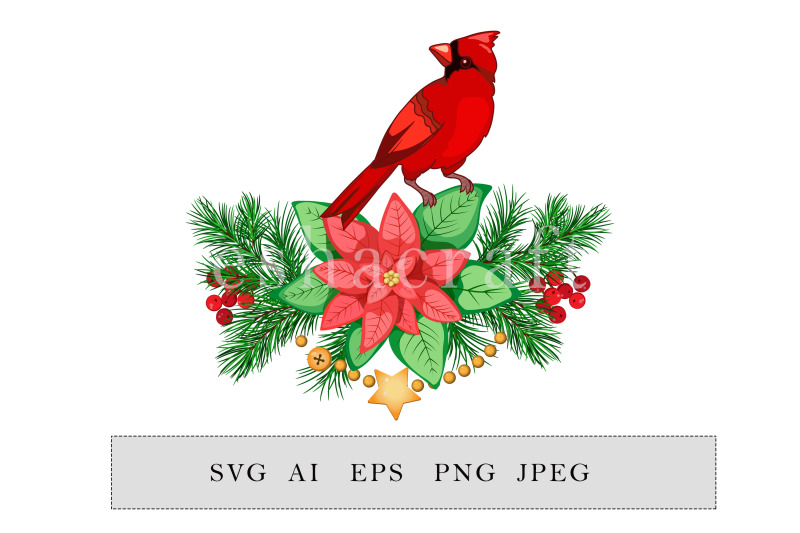 christmas-arrangement-with-cardinal-bird-fir-branches-poinsettia