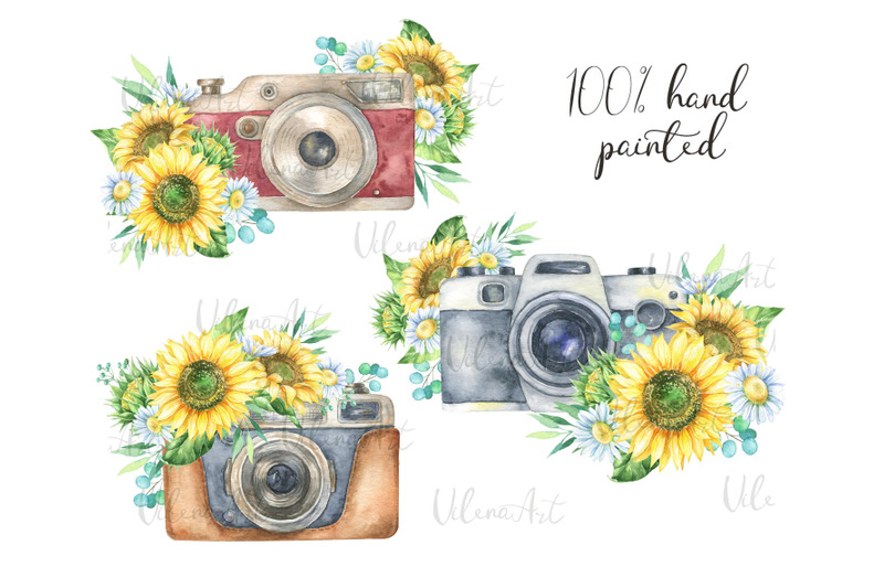 watercolor-vintage-boho-camera-with-sunflowers-and-chamomile-clipart