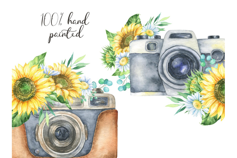 watercolor-vintage-boho-camera-with-sunflowers-and-chamomile-clipart