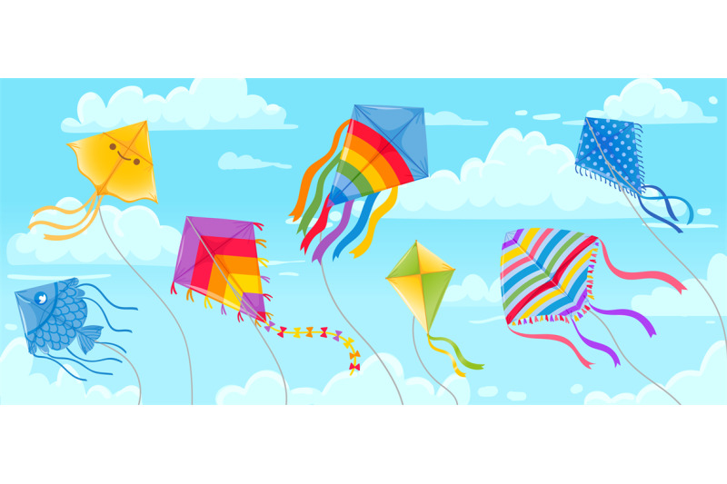 kites-in-sky-summer-blue-skies-and-clouds-with-kite-on-string-flying