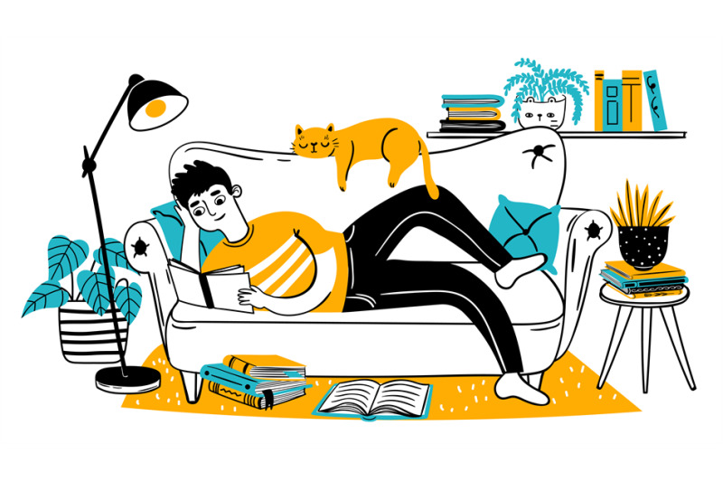 man-reading-book-on-couch-relaxed-adult-reads-on-sofa-with-cat-at-hom